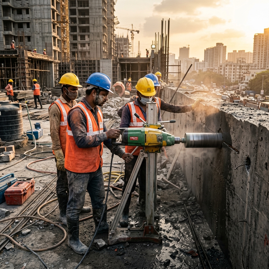 Core cutting machine drilling into concrete wall in Kanpur
